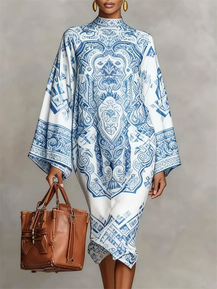 Adaptable long sleeve mock neck midi dress for women's spring/autumn versatile fashion.