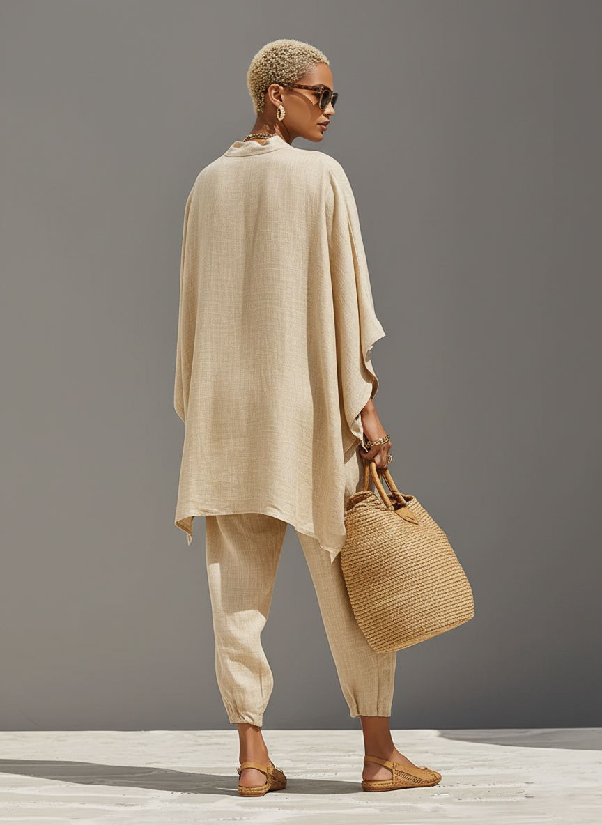 Relaxed women's two-piece outfit: comfy notched top & tapered pants, ideal for home or casual wear.