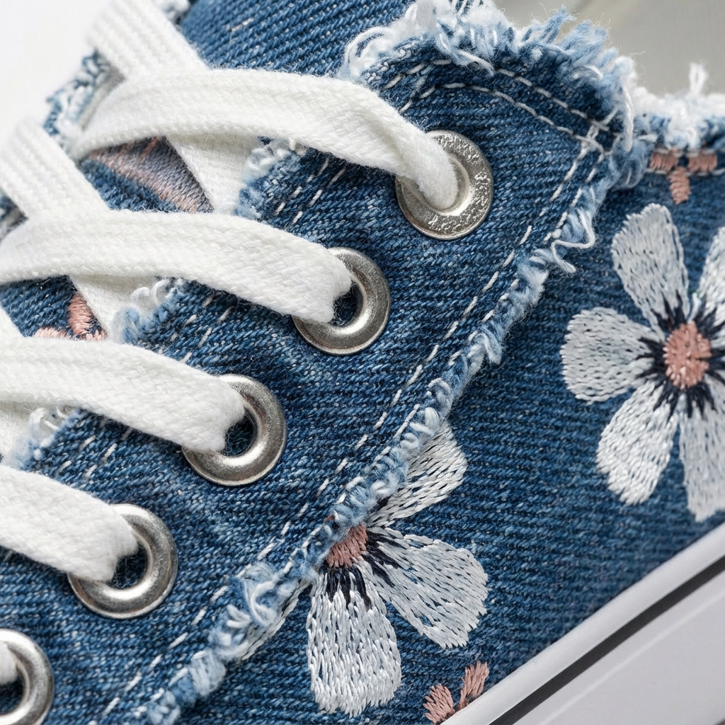 Comfortable women's lace-up sneakers, casual with elegant floral detail & chic frayed finish.