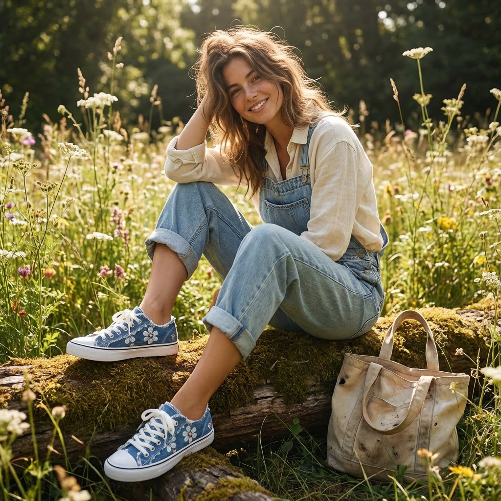 Stylish white women's low-top sneakers featuring delicate floral embroidery & trendy frayed edges.