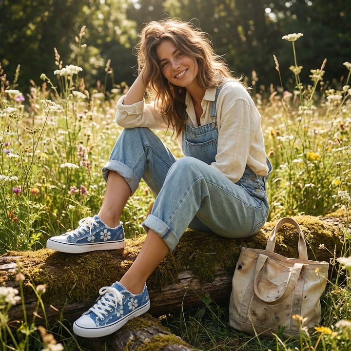 Stylish white women's low-top sneakers featuring delicate floral embroidery & trendy frayed edges.