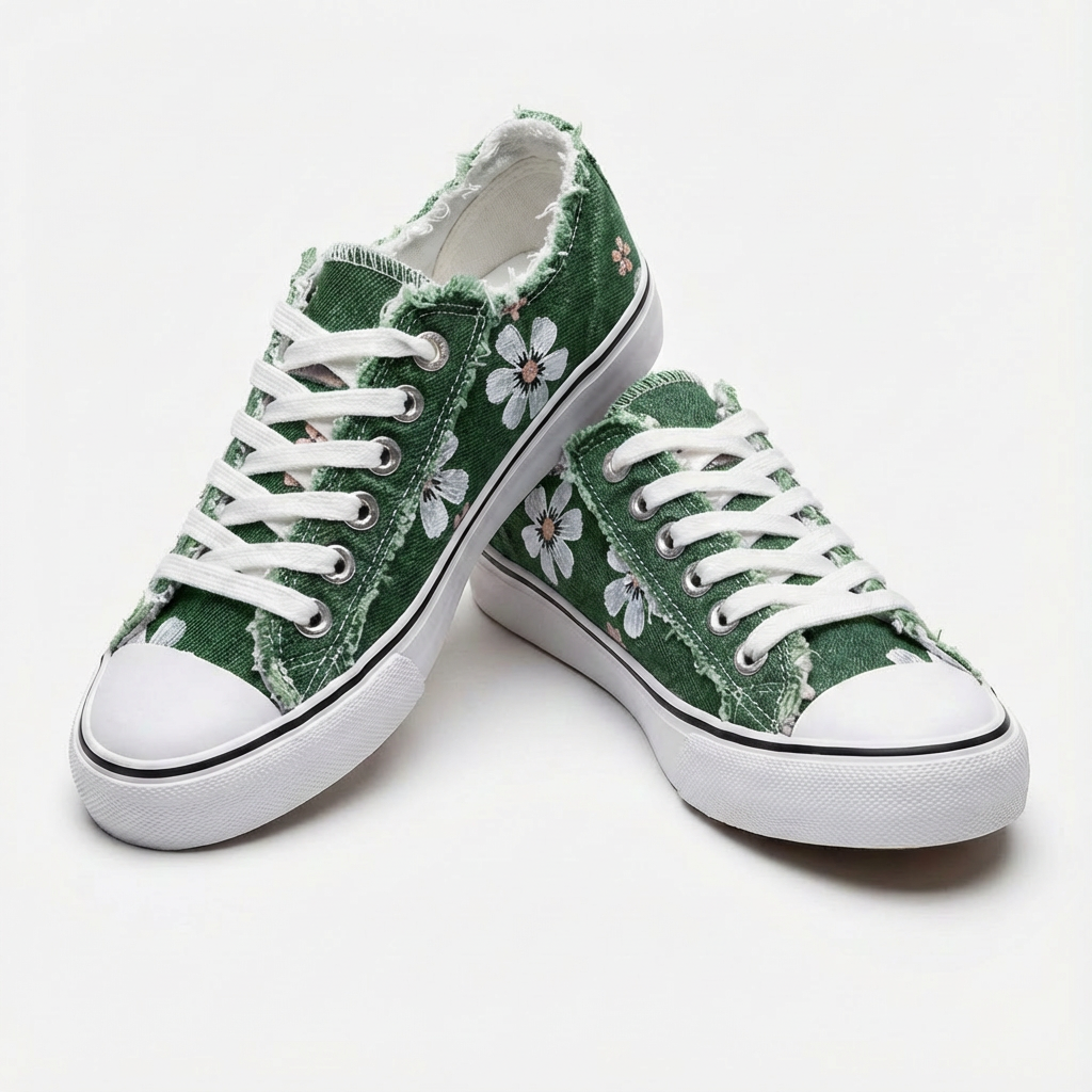 Everyday women's floral embroidered low-top sneakers, comfortable with unique frayed edges.