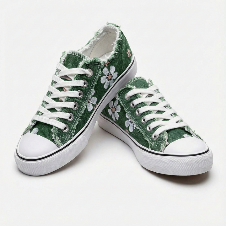 Everyday women's floral embroidered low-top sneakers, comfortable with unique frayed edges.