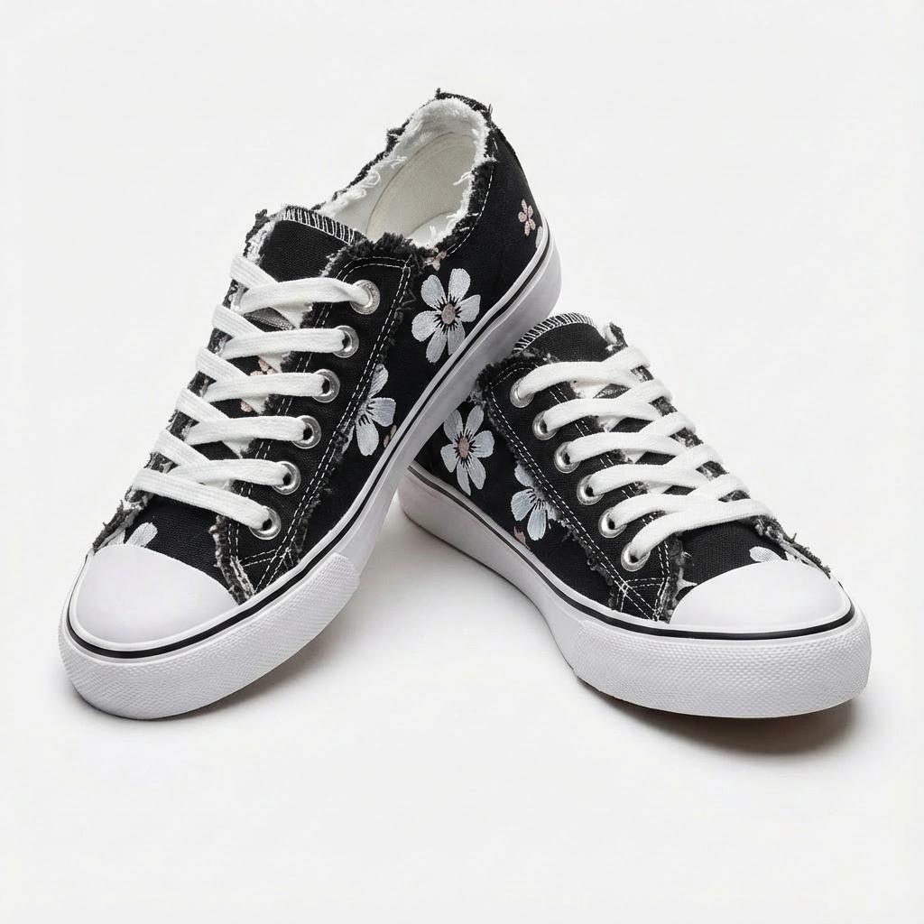 Lace-up women's sneakers, stylish with intricate floral embroidery & modern frayed detailing.