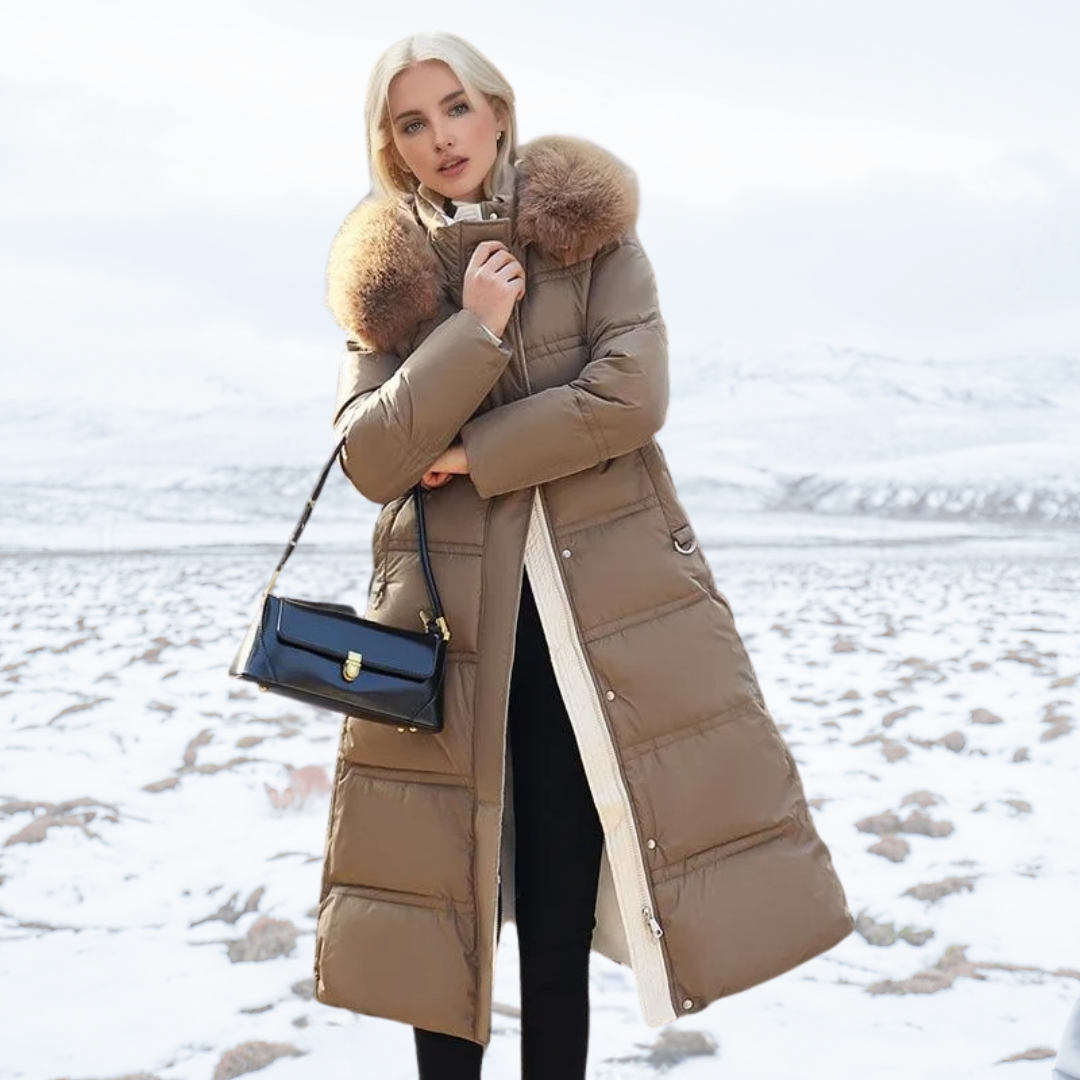 Women's Lucia Designer Winter Parka with Hood, offering stylish warmth for cold weather.