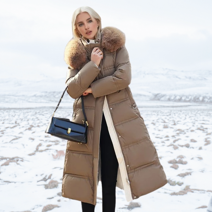 Women's Lucia Designer Winter Parka with Hood, offering stylish warmth for cold weather.