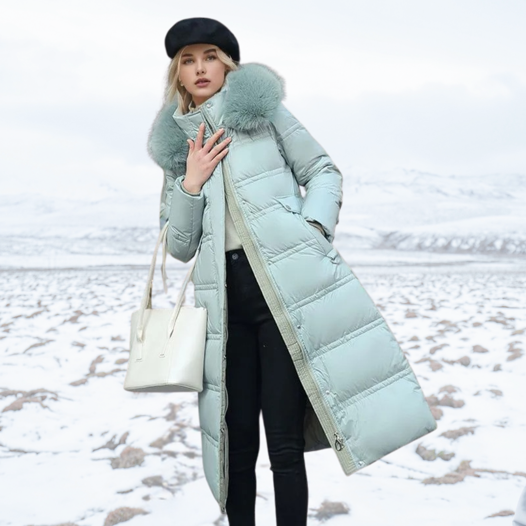Elegant Women's Lucia Winter Parka, a designer coat with hood for superior warmth in cold weather.