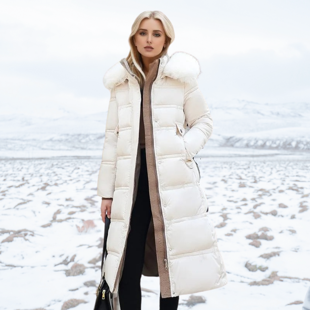 Women's Lucia Designer Winter Parka, a hooded jacket ensuring warmth, style, and comfort in cold weather.