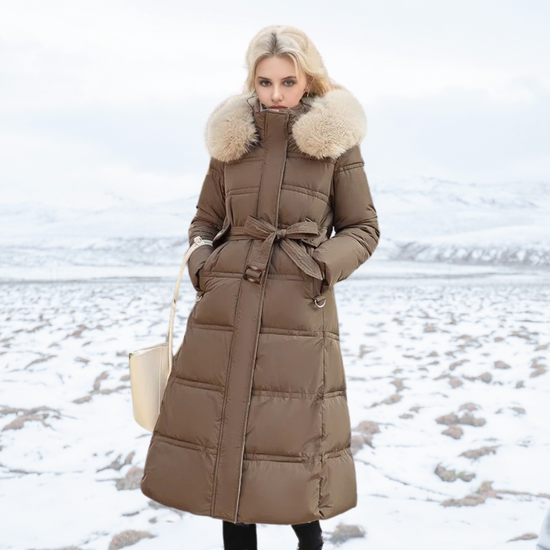 Elegant Lucia Women's Winter Parka, a designer hooded jacket for ultimate cold weather comfort.