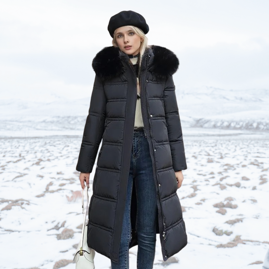 Designer Lucia Winter Jacket for women, a comfortable hooded parka ideal for cold weather.