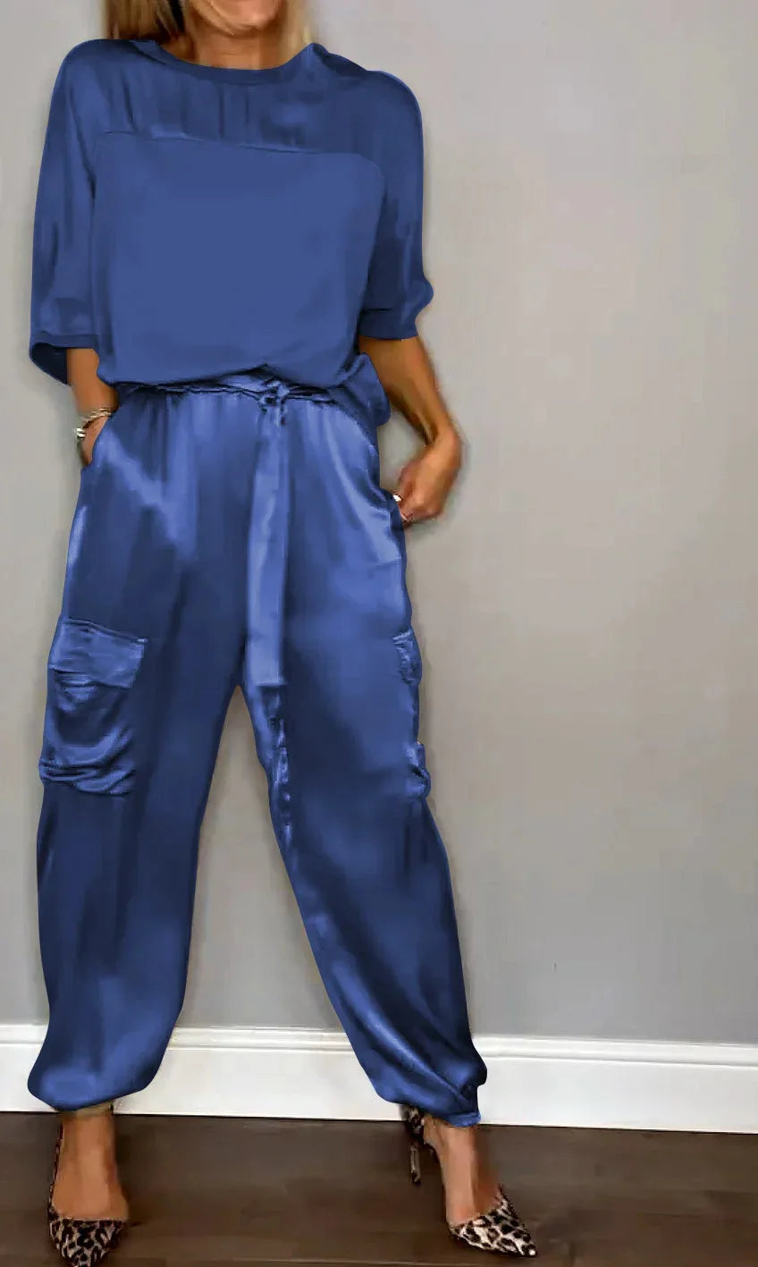 Fashionable women's flowing two-piece set. Luxe design for ultimate comfort & versatile, elegant casual style.