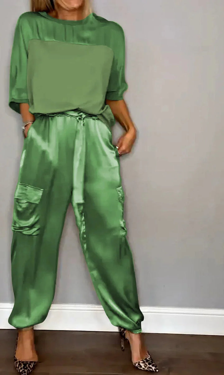 Plus size women's luxe flowing two piece set, a comfortable and stylish matching outfit for versatile wear.