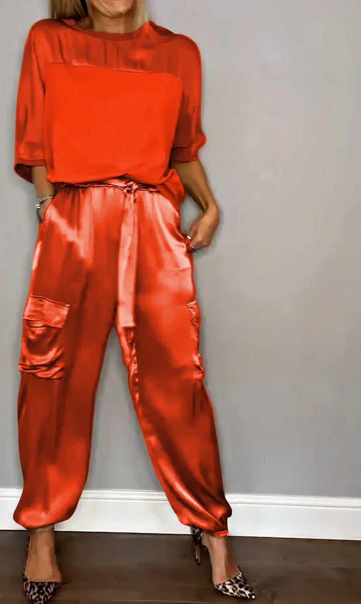 Elegant women's flowing two piece set in a soft fabric, perfect for modern spring summer lounge and style.
