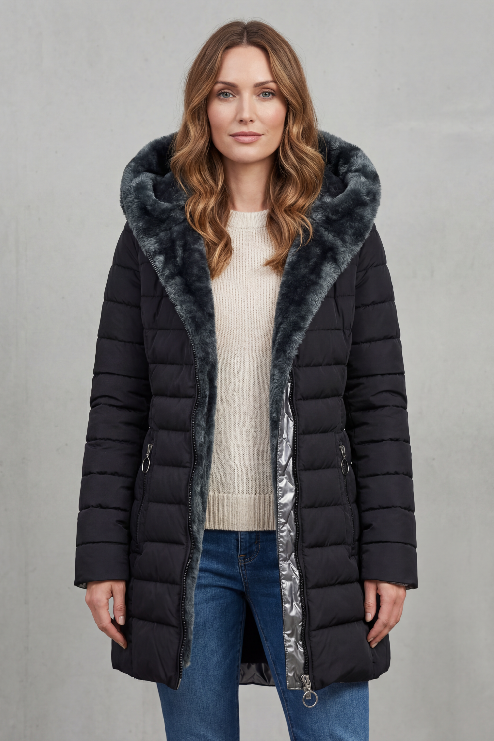 Cozy women's insulated winter parka jacket, long and warm, perfect for cold weather outerwear & style.