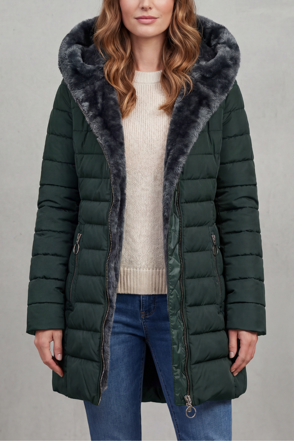 Women's premium insulated long winter parka coat with faux fur hood for ultimate warmth & style.
