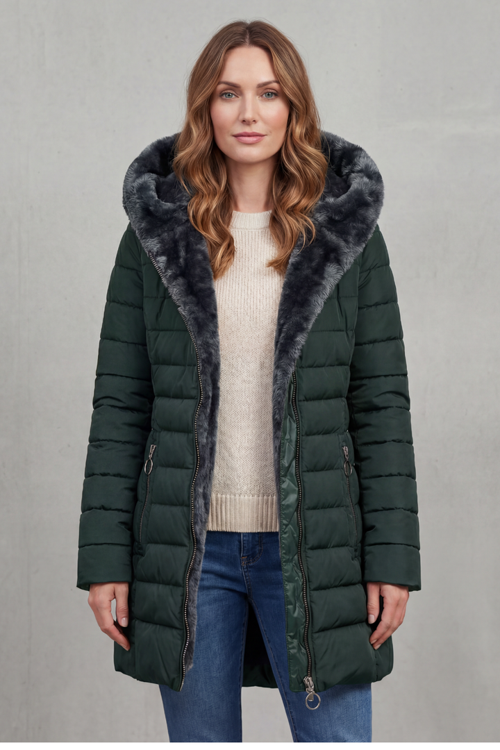 Elegant women's Luxe Insulated Winter Parka Coat, a long, warm, and stylish jacket for harsh winters.