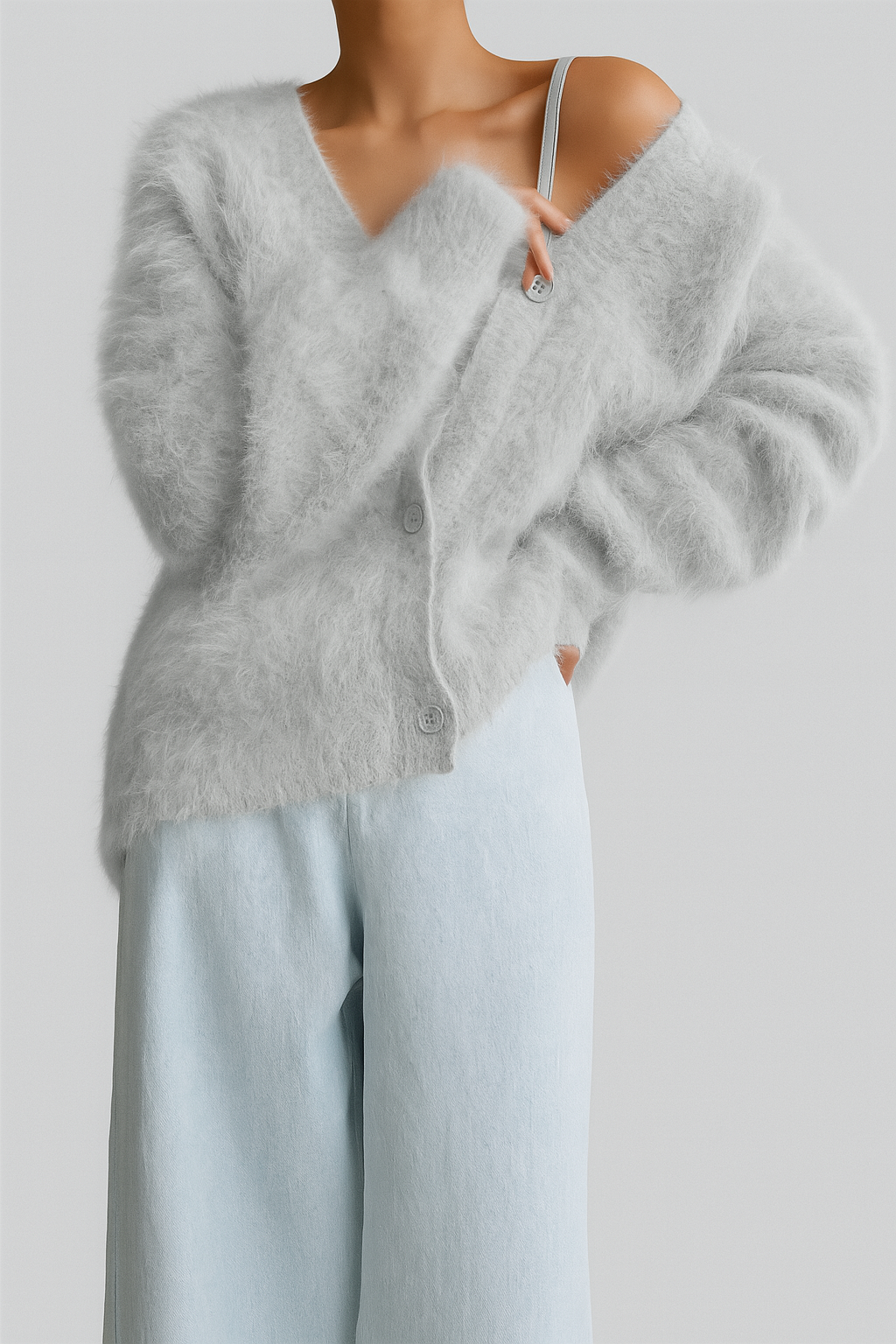 Women's luxe lightweight cardigan in neutral color, perfect for versatile layering.