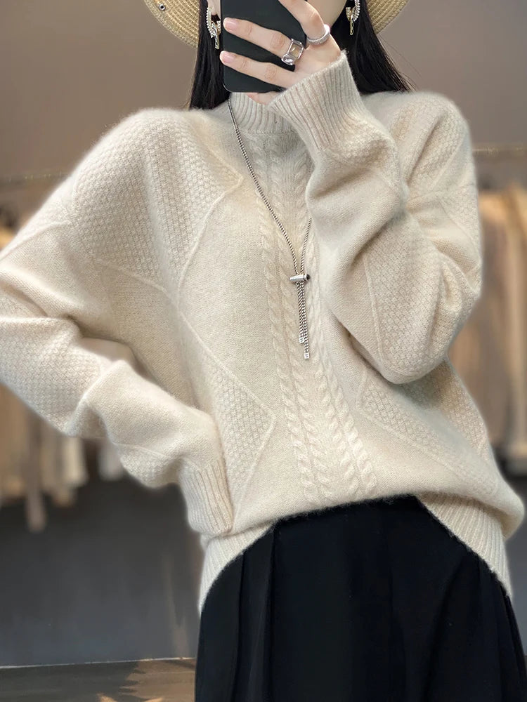 Cozy and warm women's cable knit sweater in soft cashmere with a stylish roll neck.