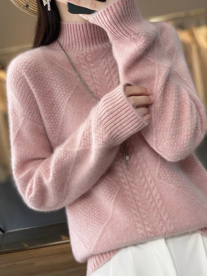 Elegant ladies' cashmere roll neck jumper, perfect for winter fashion.
