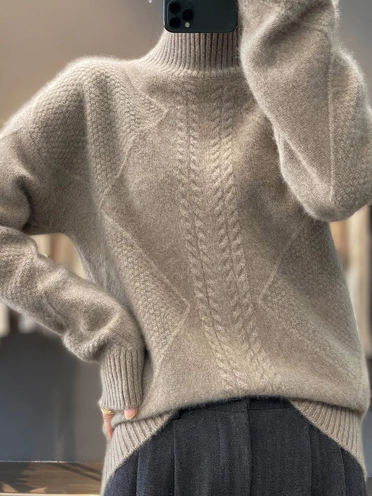 Stylish and warm women's luxury knitwear: a sophisticated cashmere roll neck sweater.