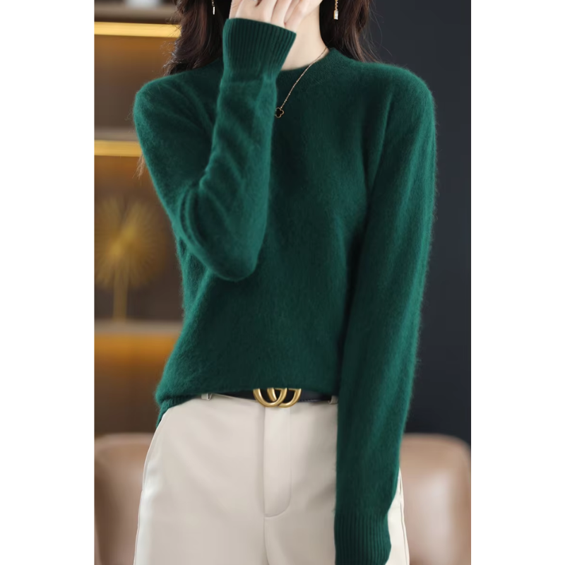 Stylish women's pullover, featuring a timeless round neckline