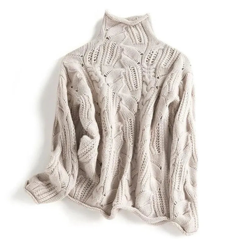 Chic women's beige cashmere pullover, soft warmth and minimalist aesthetic