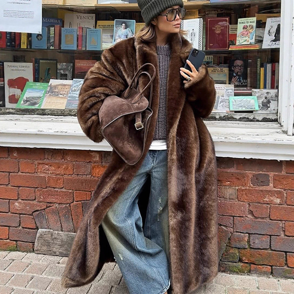 Elegant fit women's coat in soft brown faux fur for winter warmth