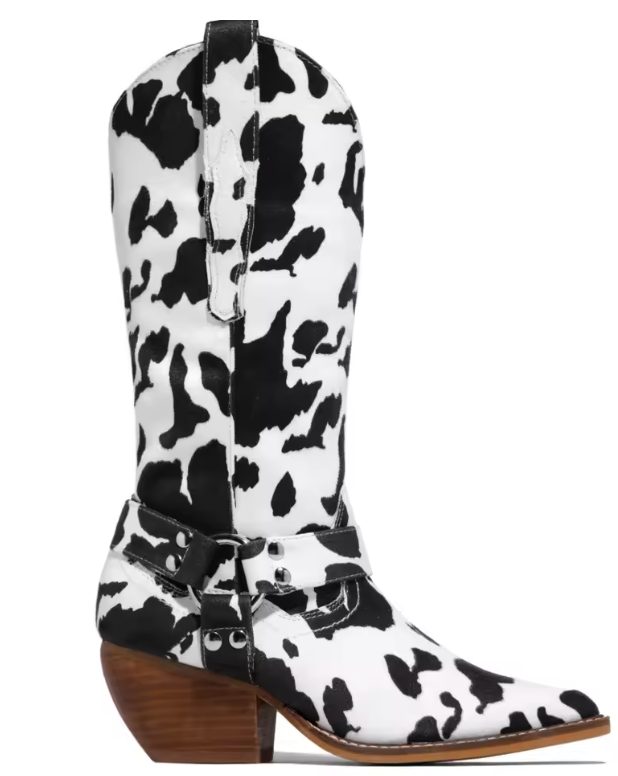 Fashion-forward women's western glam cow print cowboy boots with a modern edge and comfortable block heel.