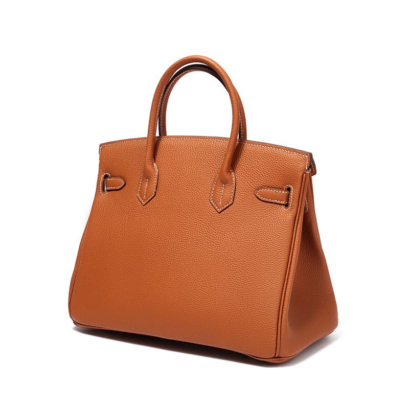 Women's classic top handle bag, cognac leather, gold trim
