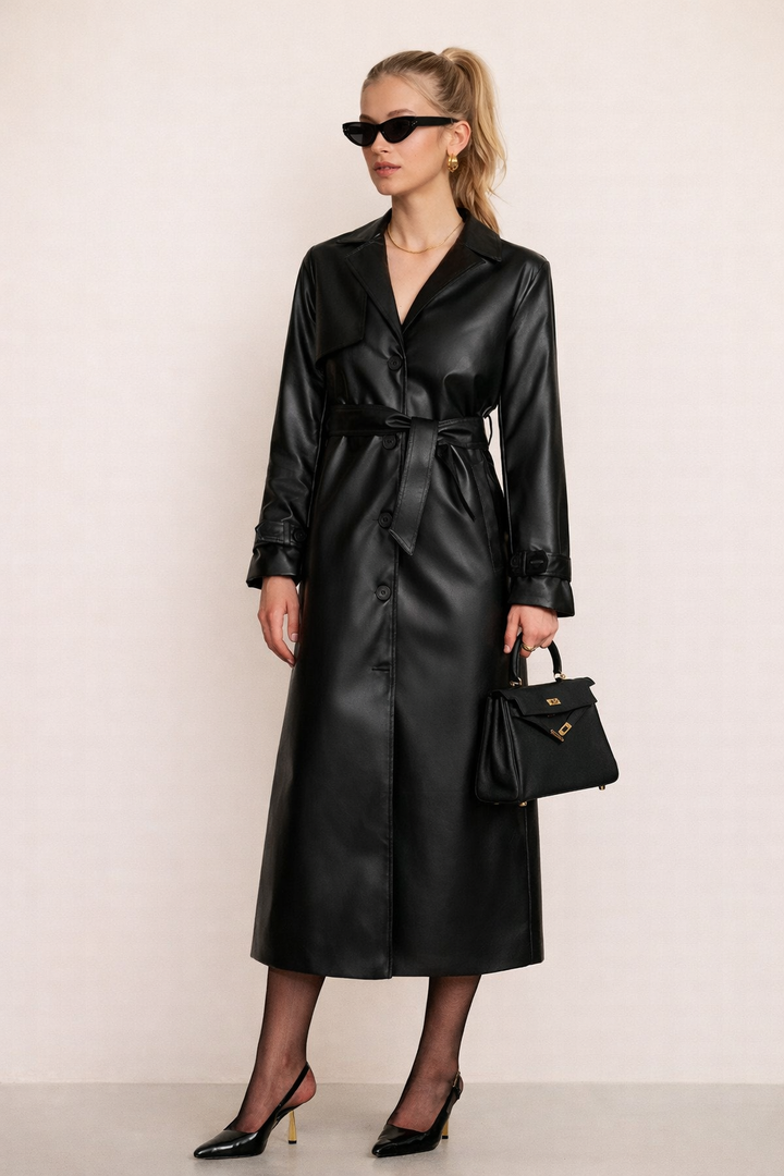 Elegant women's belted black leather-look summer jacket. Lightweight & stylish for fashion-forward looks.