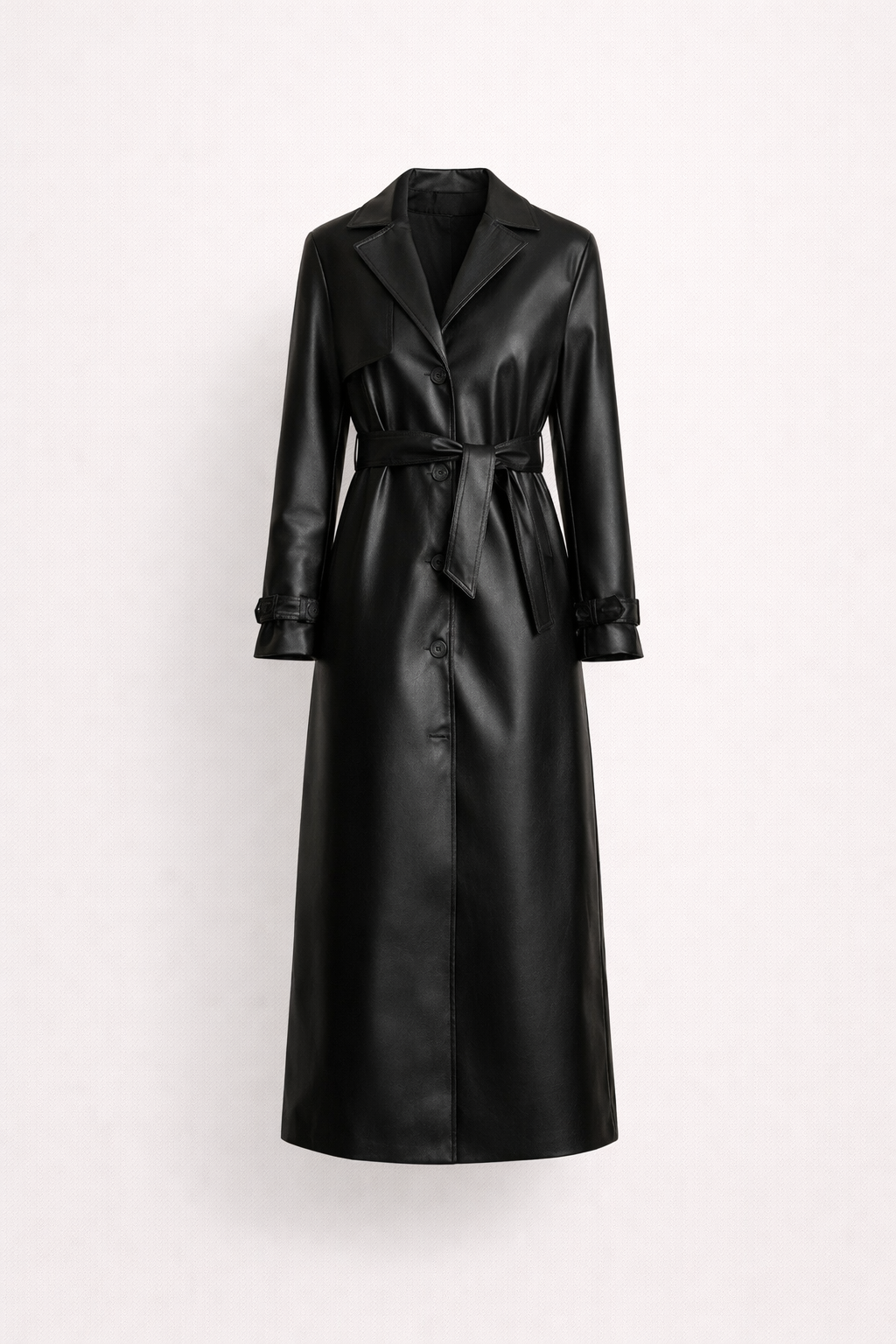 Refined women's lightweight black summer jacket, featuring a leather-look finish & trendy belt. Casual chic style.