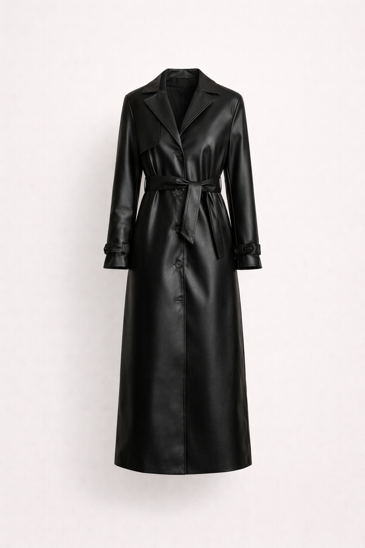 Refined women's lightweight black summer jacket, featuring a leather-look finish & trendy belt. Casual chic style.