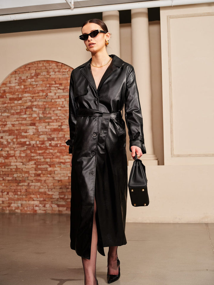 Versatile women's black summer jacket, lightweight leather-look with belt. Perfect for elegant & casual chic.