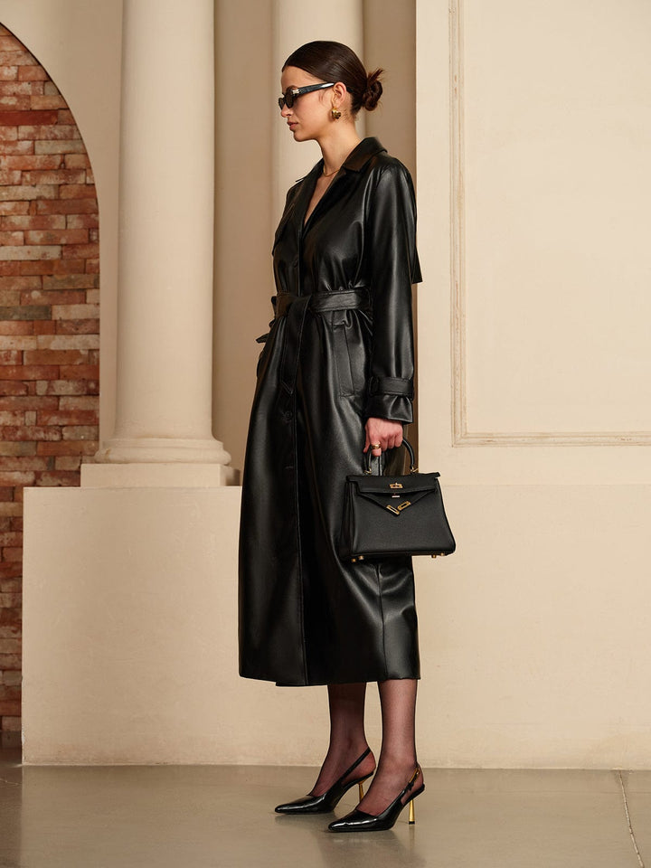 Luxury women's lightweight summer jacket with belt. Elegant leather-look for a sophisticated and stylish appeal.