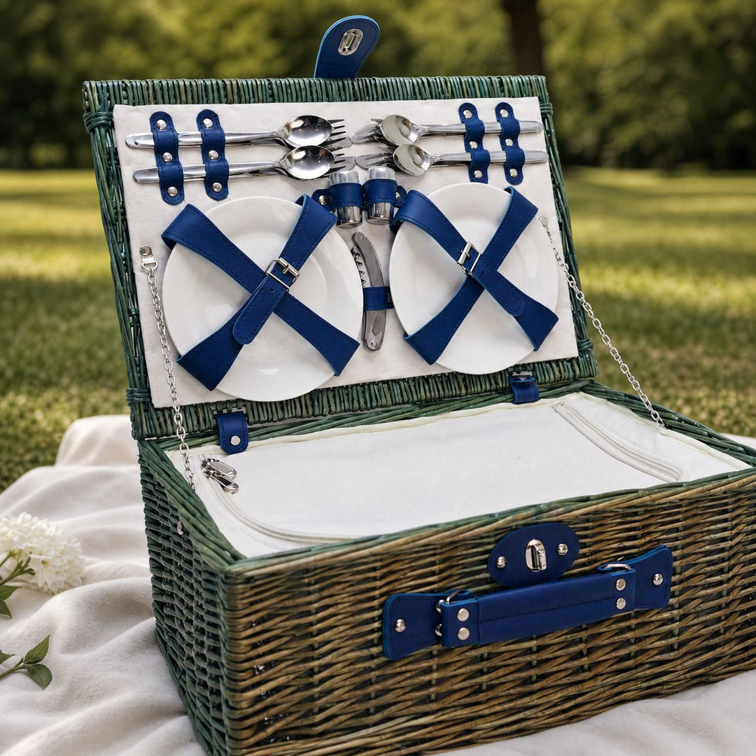 Women's elegant picnic basket with spacious insulated cooler and complete dining set for fresh food.
