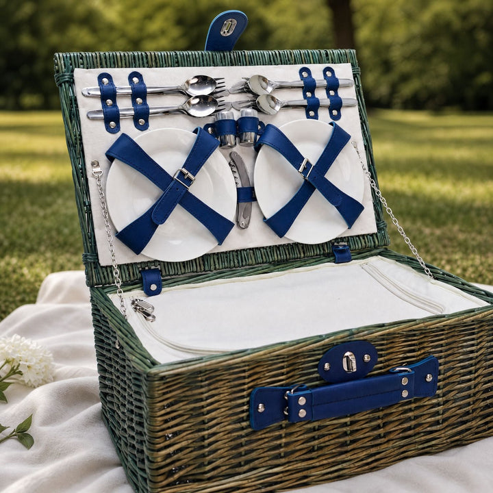 Women's elegant picnic basket with spacious insulated cooler and complete dining set for fresh food.
