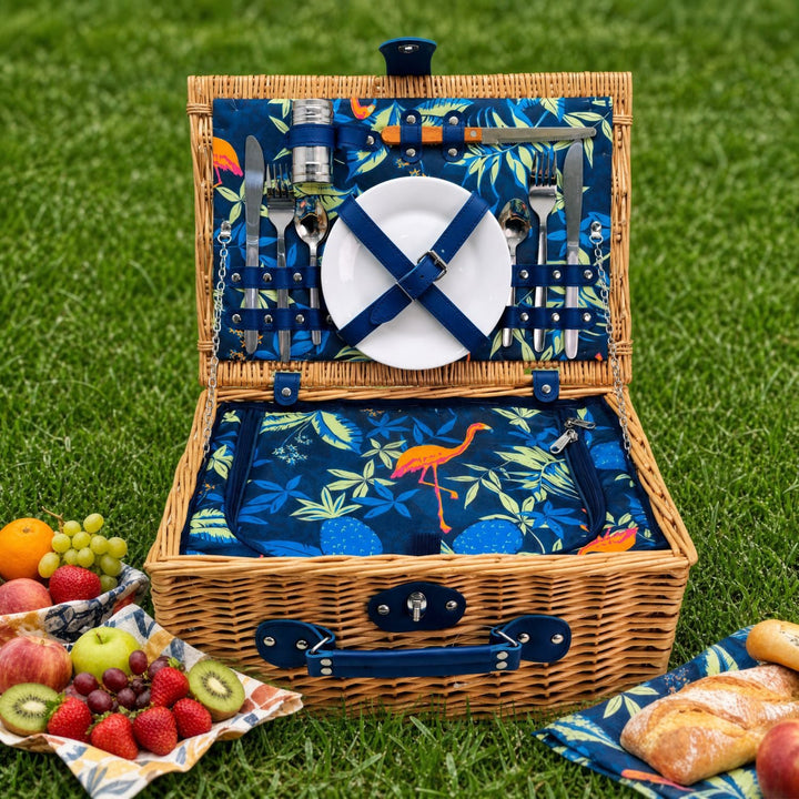 Summer ready: women's luxury picnic basket with integrated crockery, insulated cooler for outdoor fun.