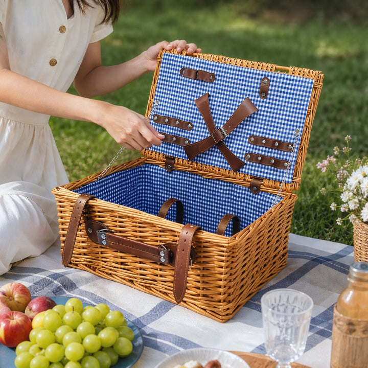 Convenient women's luxury picnic basket with everything included: crockery, cutlery & insulated cooler.