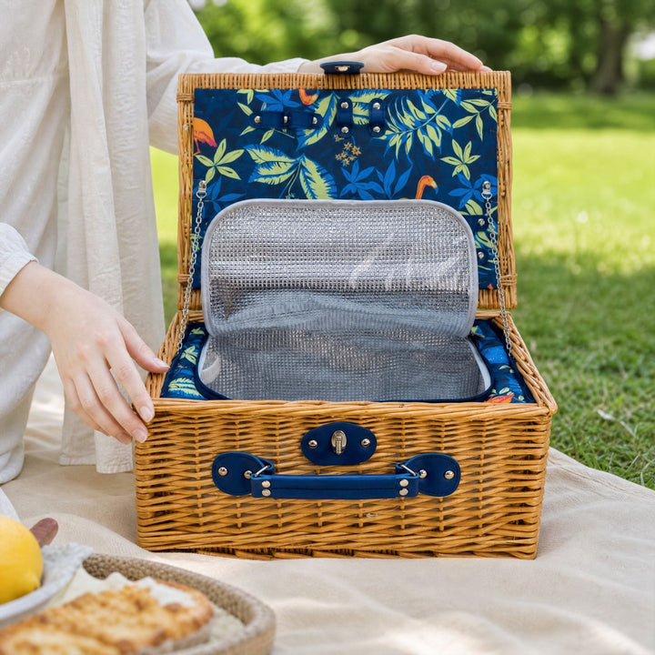 High-end women's picnic basket with integrated crockery set & insulated cooler for gourmet experiences.
