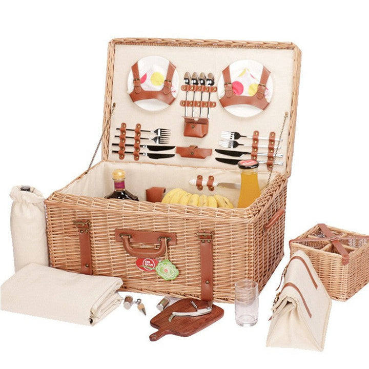 Attractive women's luxury picnic basket. Portable, with built-in dining set and insulated cooler.