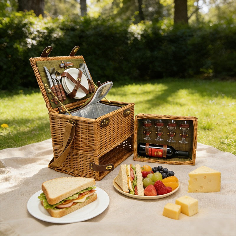 Stylish women's luxury picnic basket, combining elegant design with practical insulated cooler & crockery.