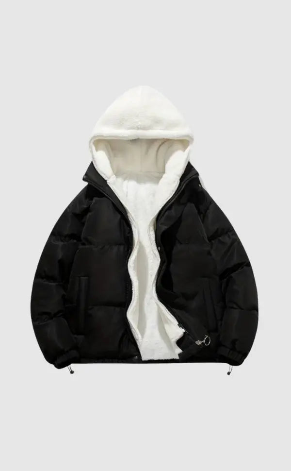 Women's luxury winter puffer jacket with hood, ideal for cold weather and stylish warmth.