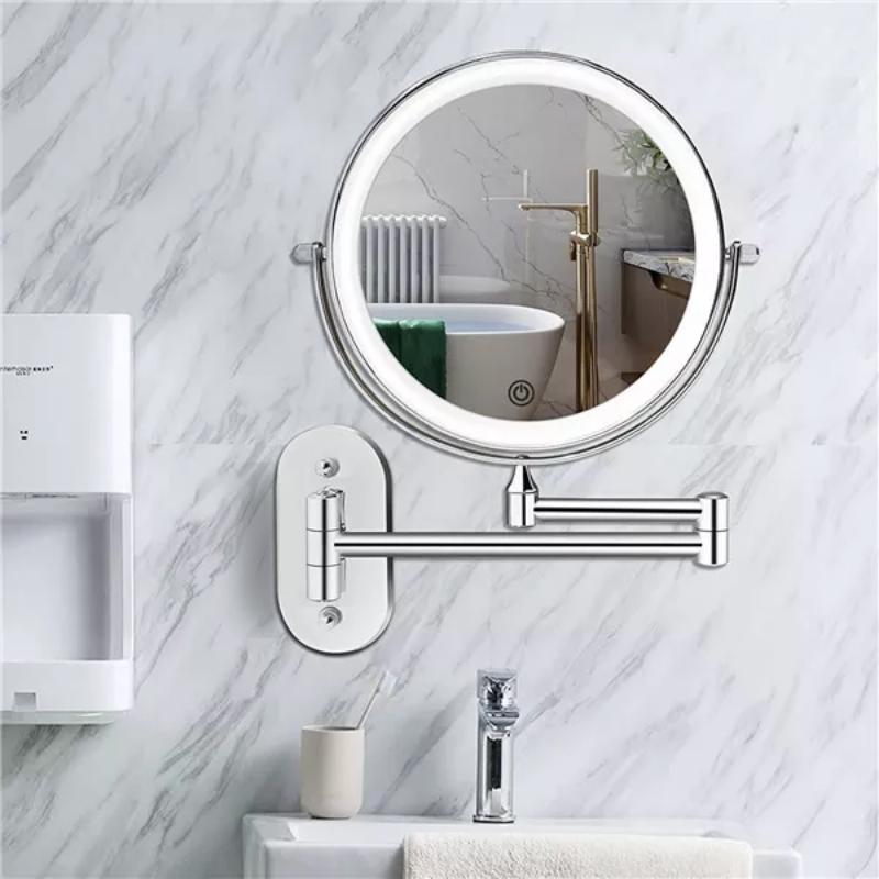 Women's magnified LED makeup mirror with adjustable light, perfect for detailed cosmetic application.