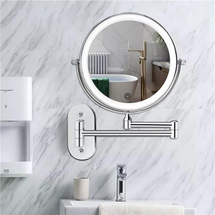 Women's magnified LED makeup mirror with adjustable light, perfect for detailed cosmetic application.