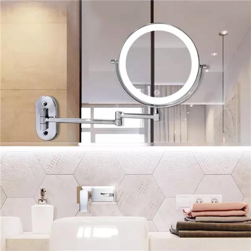 Rechargeable women's portable LED makeup mirror with magnification and touch-control adjustable lighting.