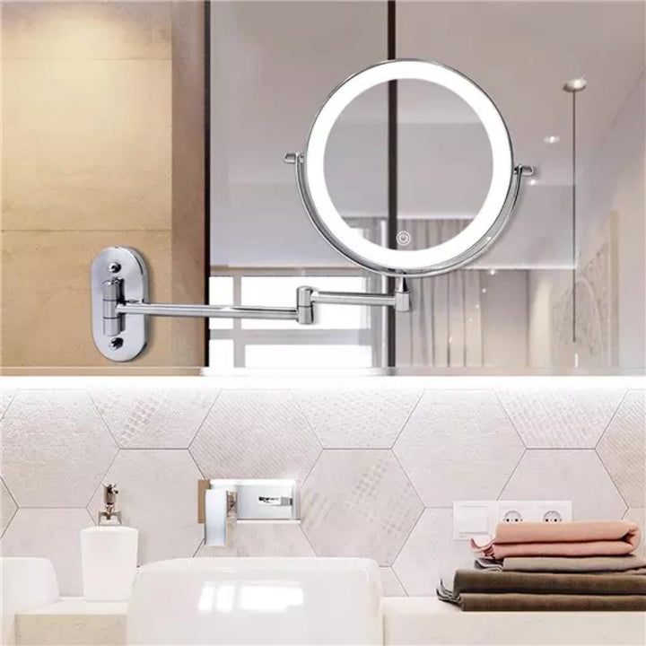 Rechargeable women's portable LED makeup mirror with magnification and touch-control adjustable lighting.