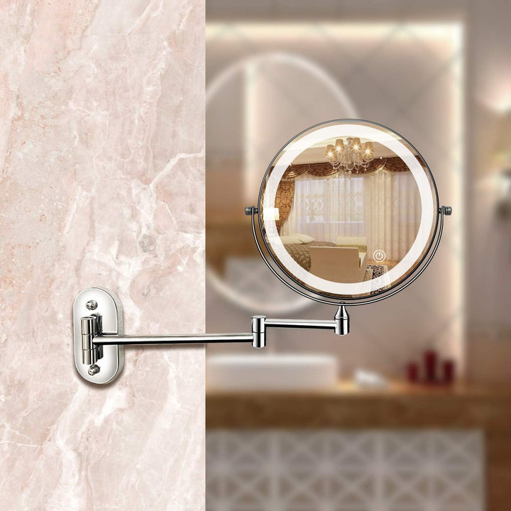 Close-up of a women's magnified LED vanity mirror showing bright, adjustable illumination for precise makeup.