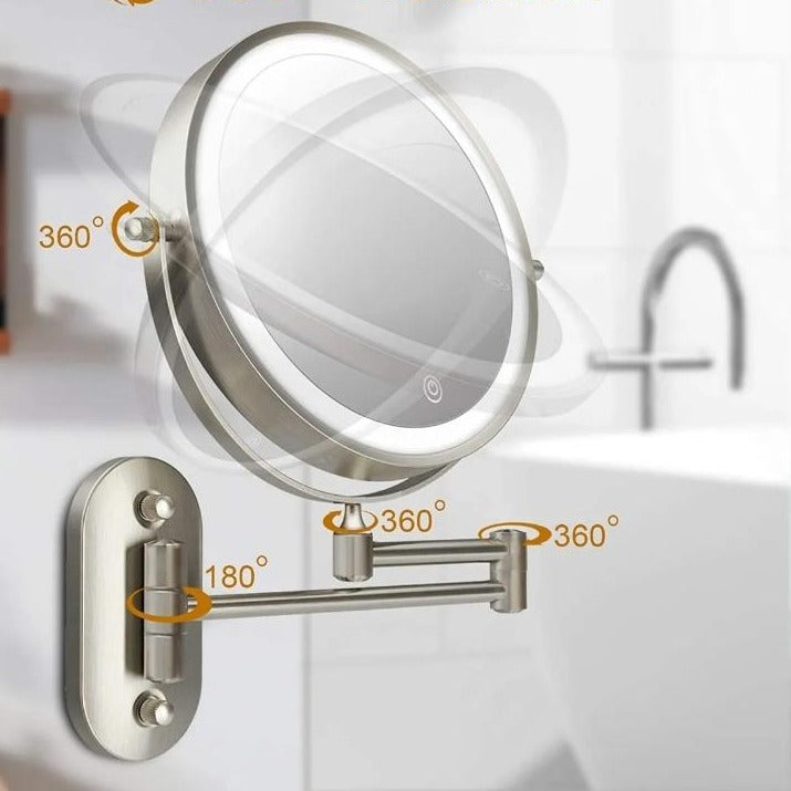 Sleek, modern women's LED makeup mirror, magnified with adjustable light, ideal for any vanity desk.