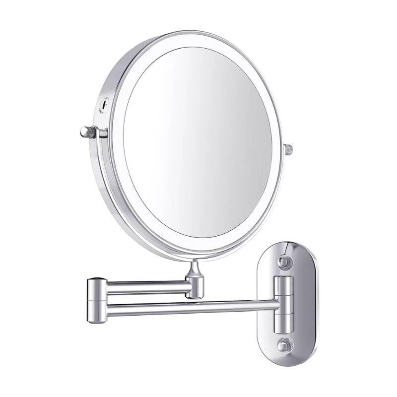 Women's adjustable LED light makeup mirror, magnified for precision, shown from a side view.
