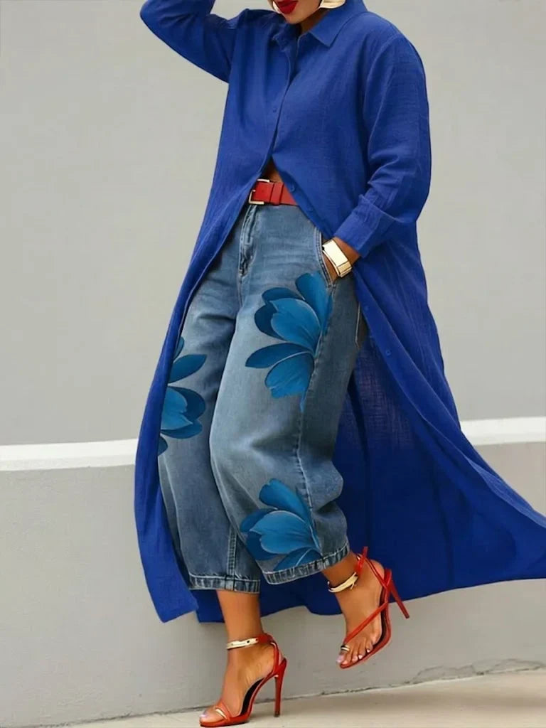 Floral jeans from the Mallory women's set. Stylish, comfortable floral denim jeans with boho style for summer.